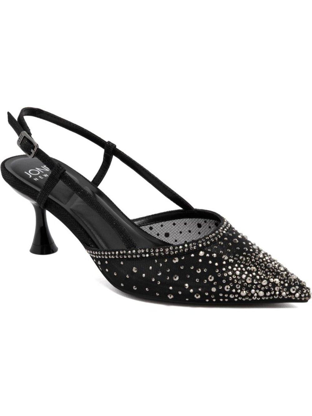 Women's Black Embellished Mesh Pointed Toe Slingback Comfortable Low Kitten Heel